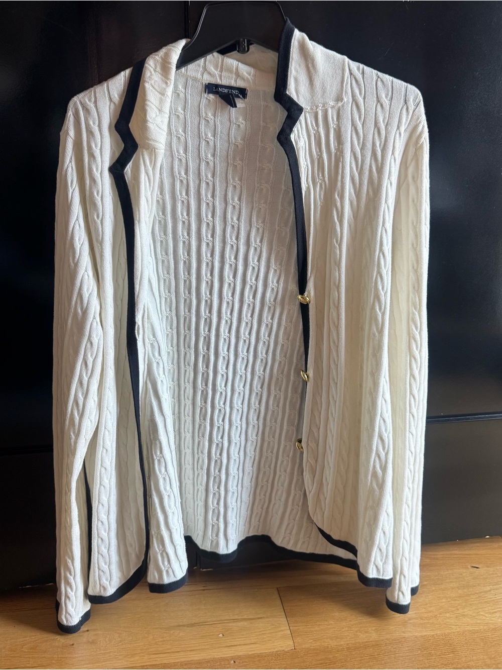 Lands' End Cream Cable Knit Cardigan with Black Trim